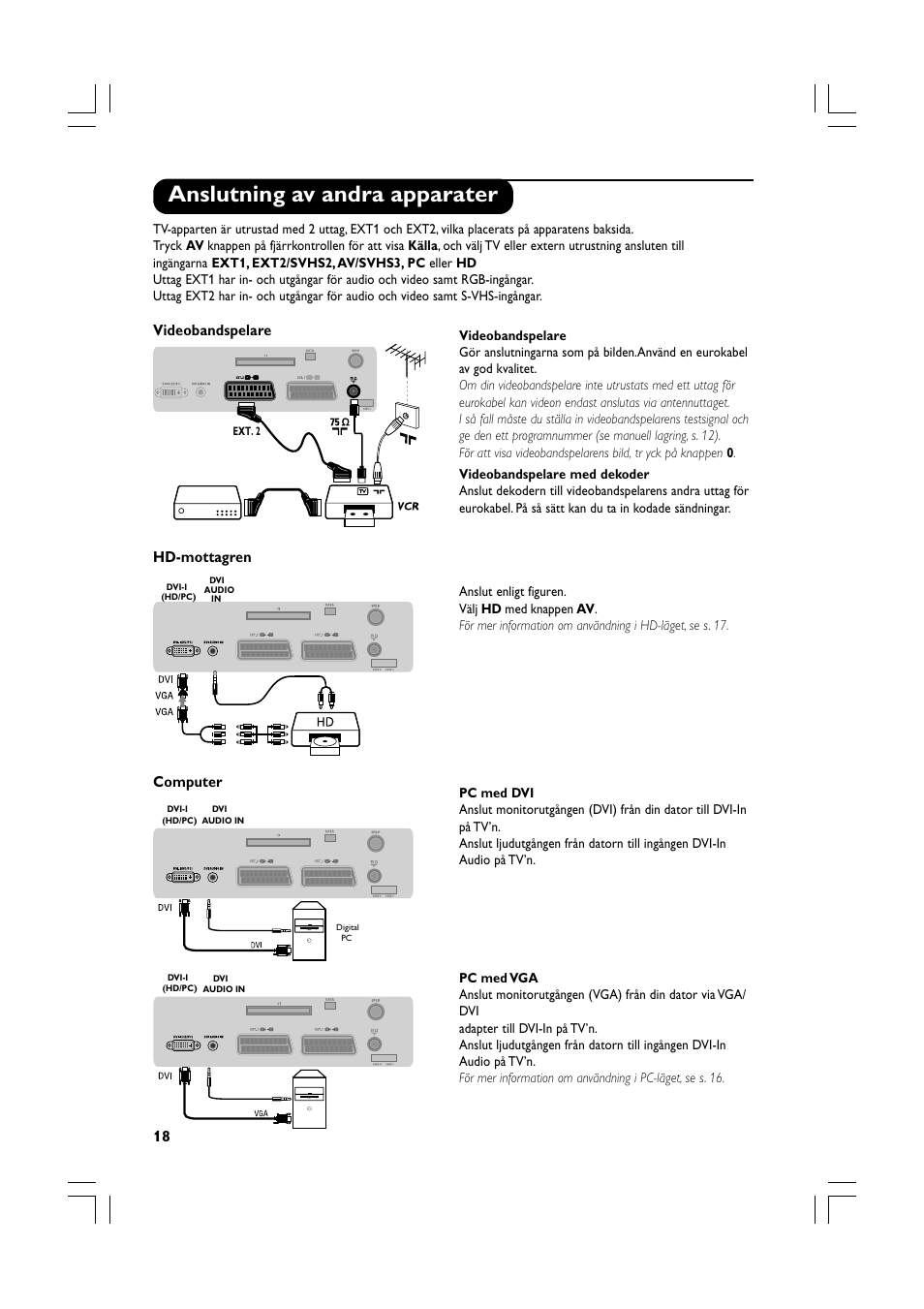 Anslutning av andra apparater, Videobandspelare hd-mottagren computer | Philips Téléviseur écran plat numérique à écran large User Manual | Page 140 / 144