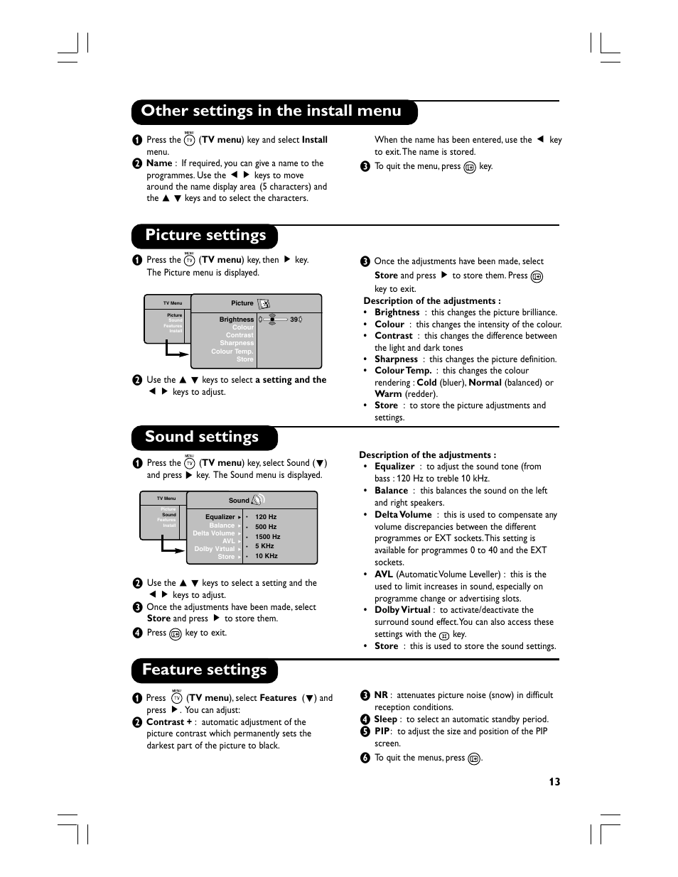 Other settings in the install menu, Picture settings, Sound settings | Feature settings | Philips Téléviseur écran plat numérique à écran large User Manual | Page 15 / 144