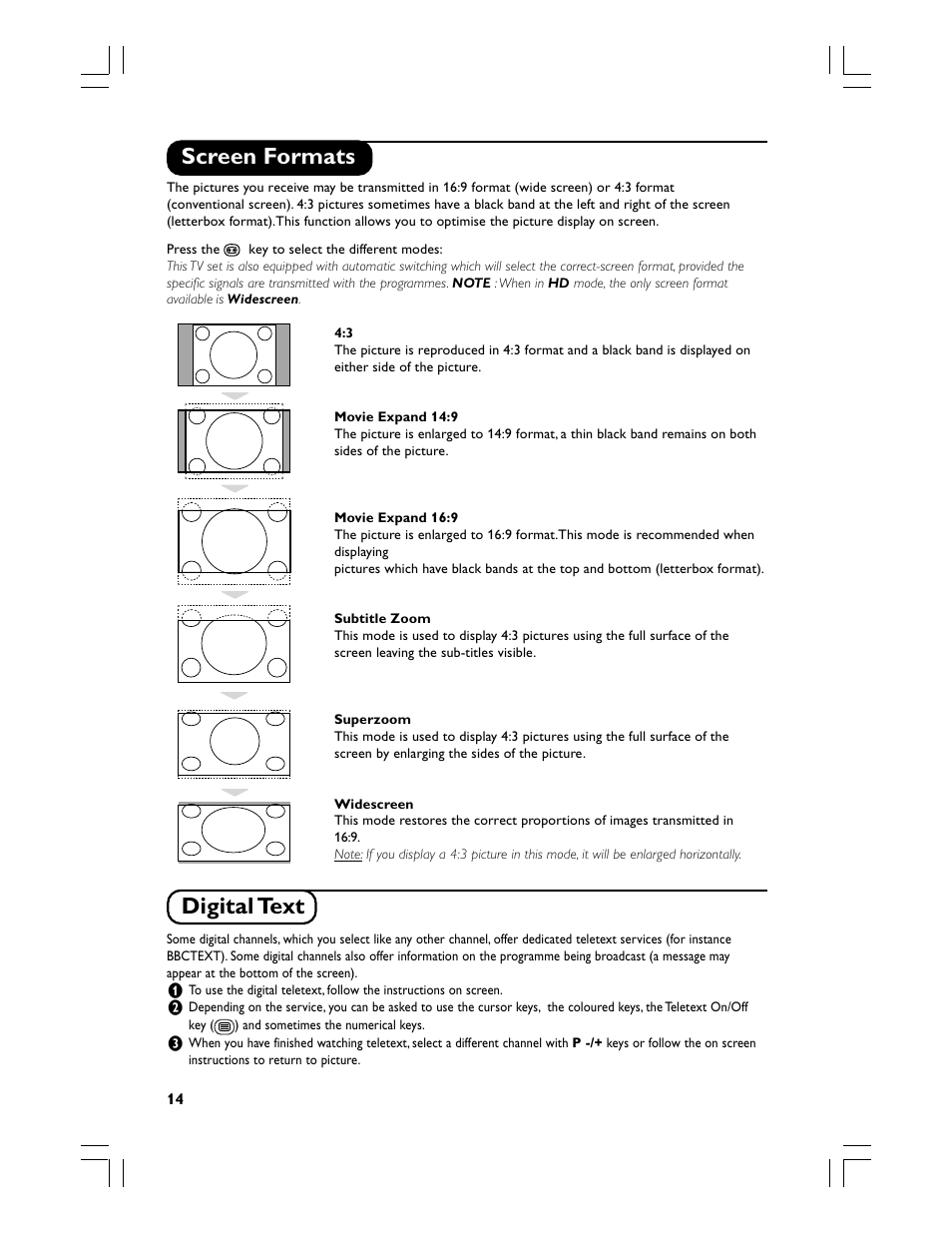 Screen formats, Digital text | Philips Téléviseur écran plat numérique à écran large User Manual | Page 16 / 144