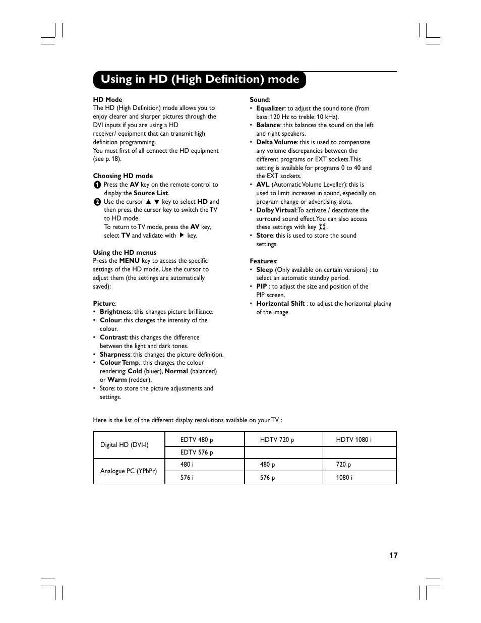 Using in hd (high definition) mode | Philips Téléviseur écran plat numérique à écran large User Manual | Page 19 / 144