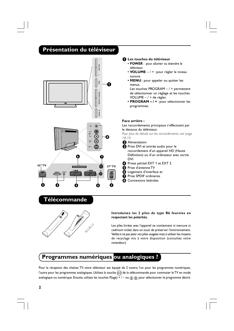 Présentation du téléviseur télécommande, Programmes numériques ou analogiques | Philips Téléviseur écran plat numérique à écran large User Manual | Page 24 / 144