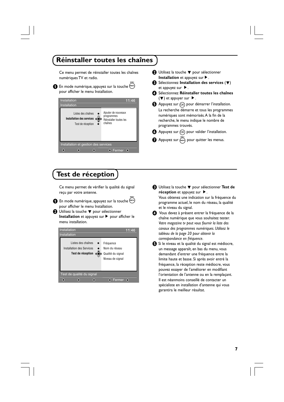 Réinstaller toutes les chaînes, Test de réception | Philips Téléviseur écran plat numérique à écran large User Manual | Page 29 / 144