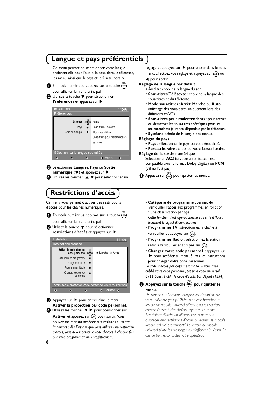 Langue et pays préférentiels, Restrictions d’accès | Philips Téléviseur écran plat numérique à écran large User Manual | Page 30 / 144