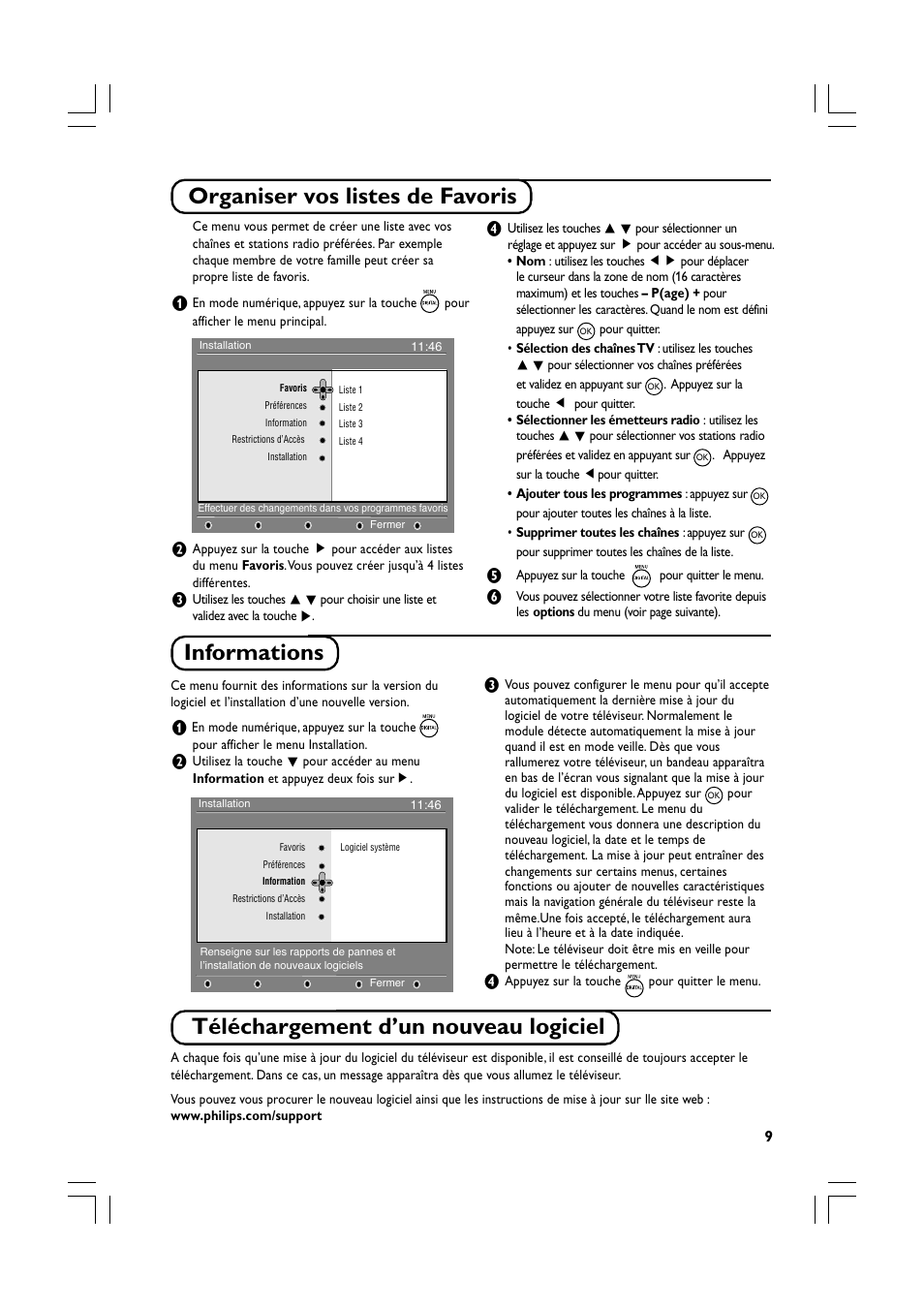 Organiser vos listes de favoris, Informations, Téléchargement d’un nouveau logiciel | Philips Téléviseur écran plat numérique à écran large User Manual | Page 31 / 144