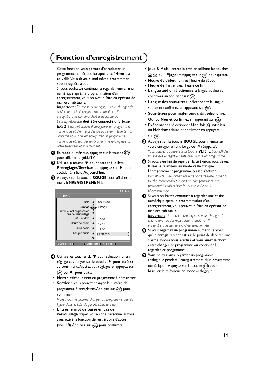 Fonction d’enregistrement | Philips Téléviseur écran plat numérique à écran large User Manual | Page 33 / 144