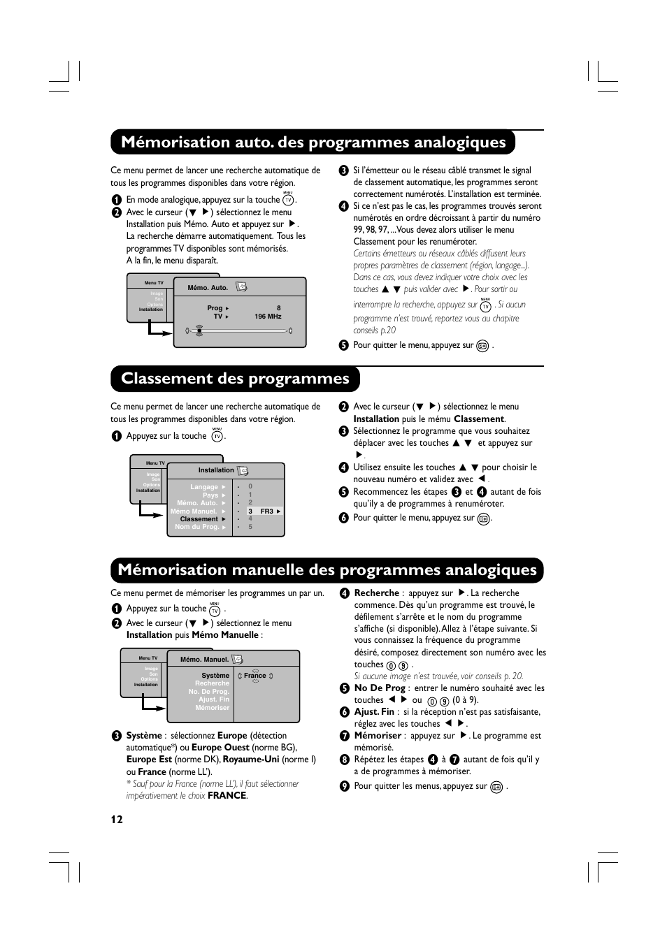 Mémorisation auto. des programmes analogiques, Mémorisation manuelle des programmes analogiques, Classement des programmes | Philips Téléviseur écran plat numérique à écran large User Manual | Page 34 / 144