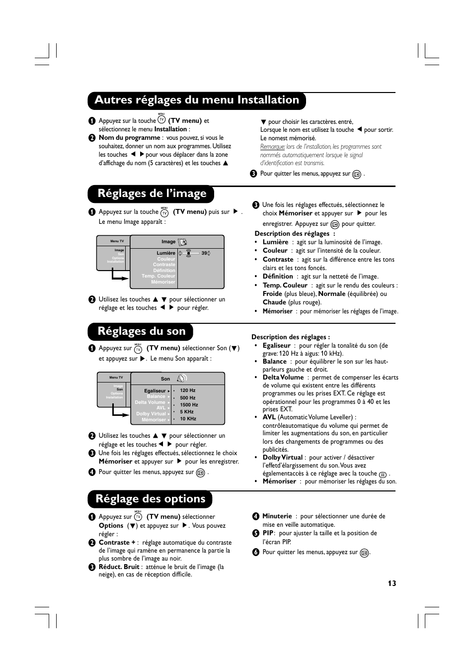 Réglages de l’image, Réglages du son, Réglage des options | Autres réglages du menu installation | Philips Téléviseur écran plat numérique à écran large User Manual | Page 35 / 144