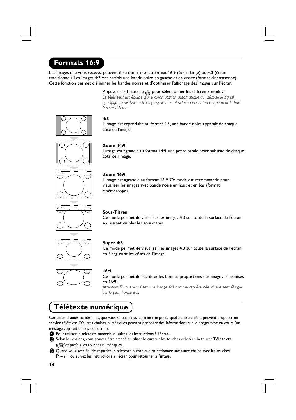 Formats 16:9, Télétexte numérique | Philips Téléviseur écran plat numérique à écran large User Manual | Page 36 / 144