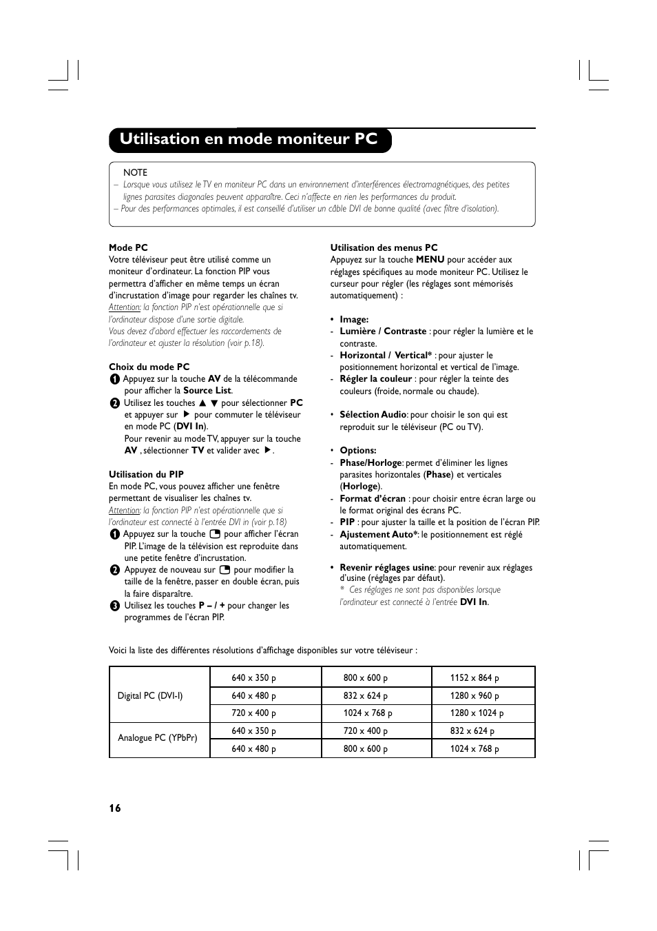 Utilisation en mode moniteur pc | Philips Téléviseur écran plat numérique à écran large User Manual | Page 38 / 144