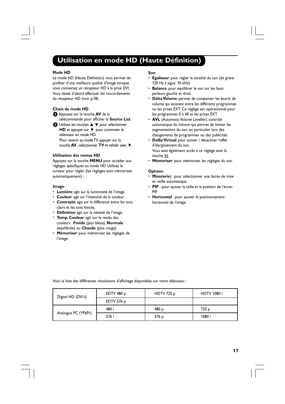 Utilisation en mode hd (haute définition) | Philips Téléviseur écran plat numérique à écran large User Manual | Page 39 / 144