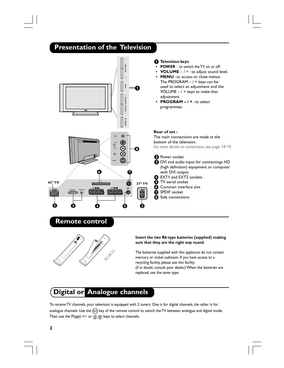 Presentation of the television remote control, Digital or analogue channels | Philips Téléviseur écran plat numérique à écran large User Manual | Page 4 / 144