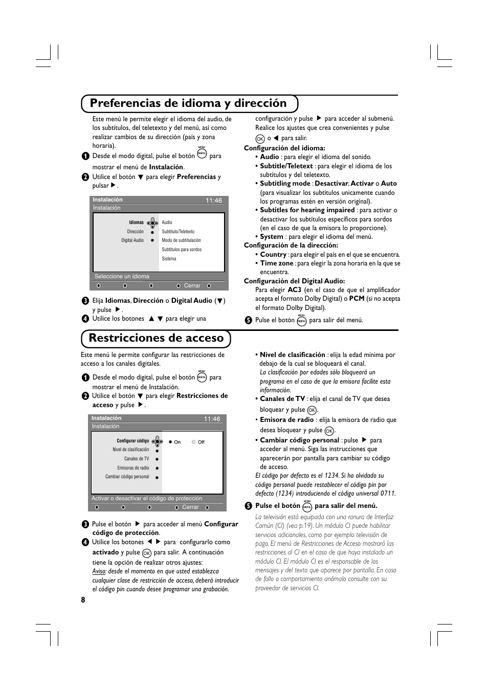 Preferencias de idioma y dirección, Restricciones de acceso | Philips Téléviseur écran plat numérique à écran large User Manual | Page 50 / 144