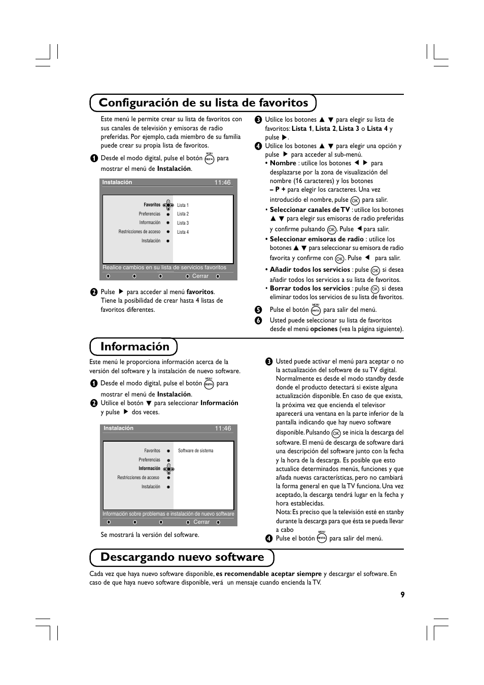 Configuración de su lista de favoritos, Información, Descargando nuevo software | Philips Téléviseur écran plat numérique à écran large User Manual | Page 51 / 144