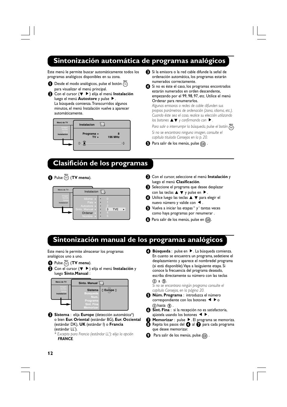 Sintonización automática de programas analógicos, Sintonización manual de los programas analógicos, Clasifición de los programas | Philips Téléviseur écran plat numérique à écran large User Manual | Page 54 / 144