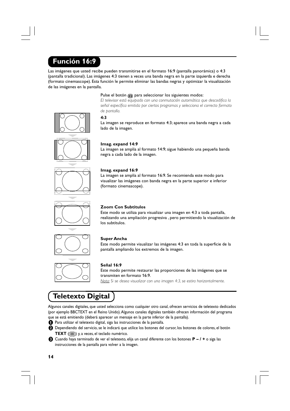 Función 16:9, Teletexto digital | Philips Téléviseur écran plat numérique à écran large User Manual | Page 56 / 144