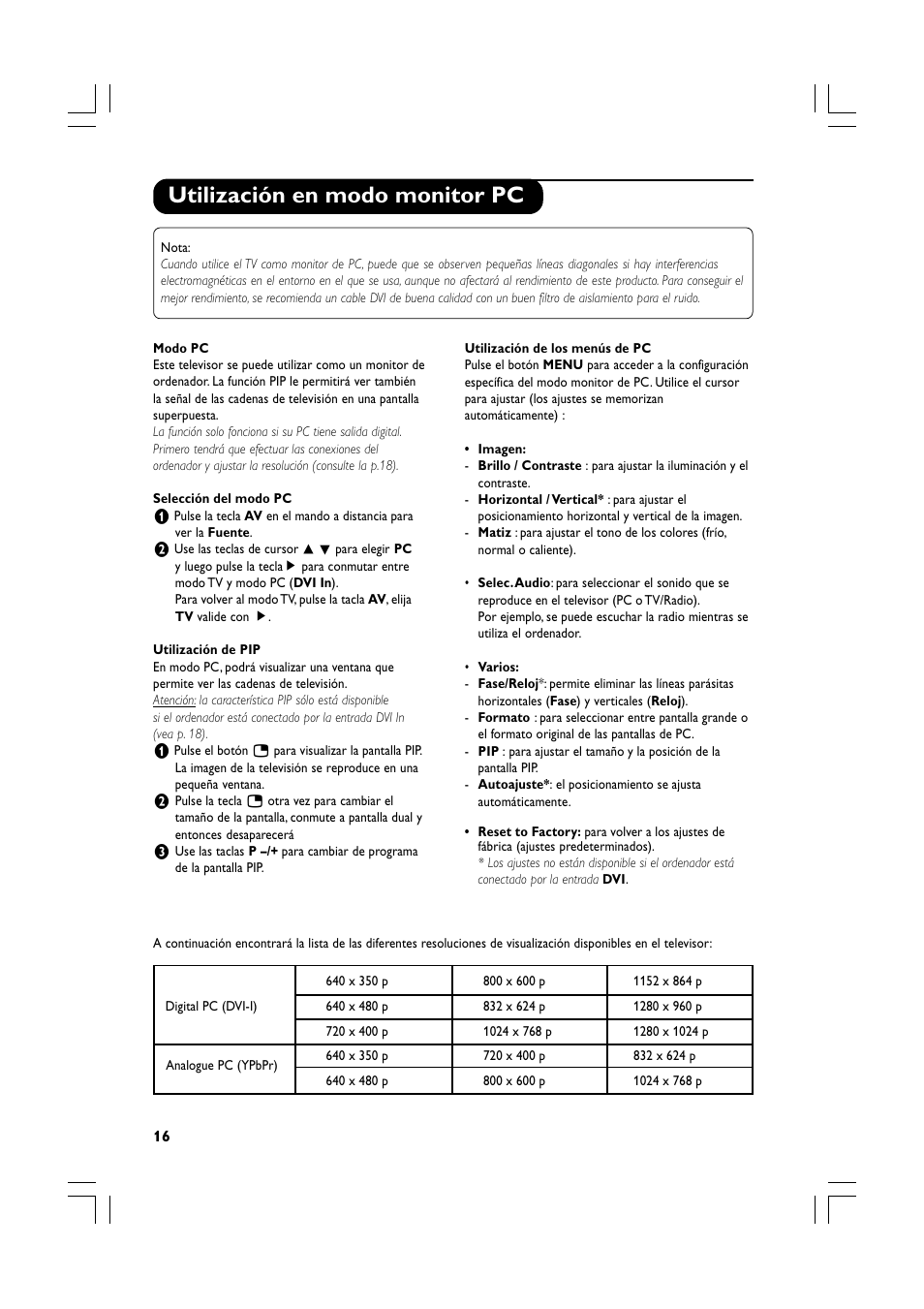 Utilización en modo monitor pc | Philips Téléviseur écran plat numérique à écran large User Manual | Page 58 / 144