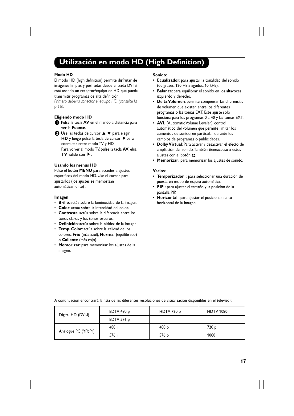 Utilización en modo hd (high definition) | Philips Téléviseur écran plat numérique à écran large User Manual | Page 59 / 144