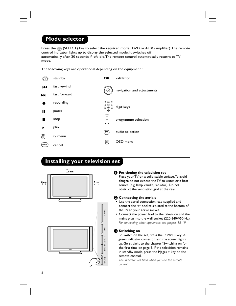 Installing your television set, Mode selector | Philips Téléviseur écran plat numérique à écran large User Manual | Page 6 / 144