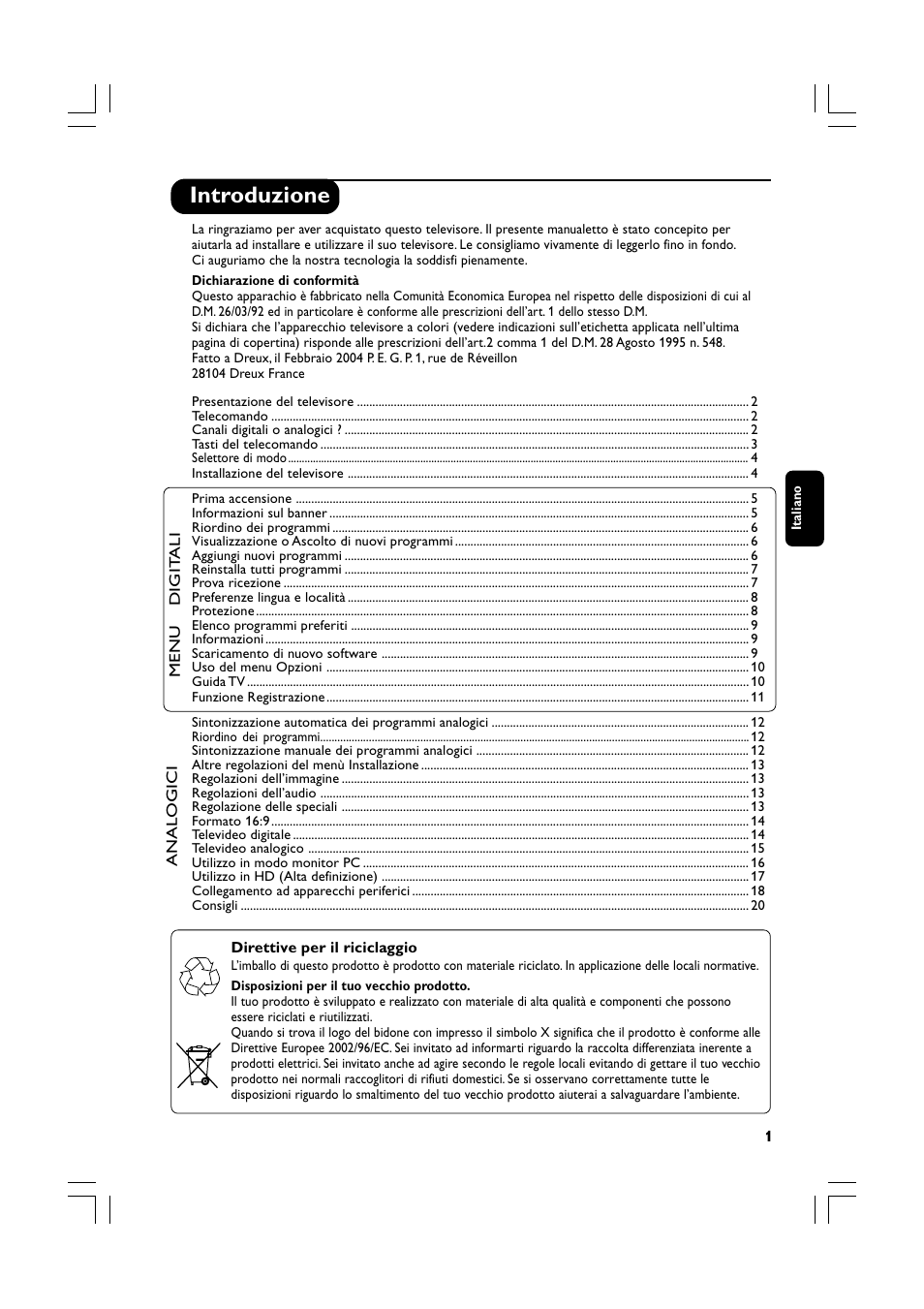 Introduzione | Philips Téléviseur écran plat numérique à écran large User Manual | Page 63 / 144