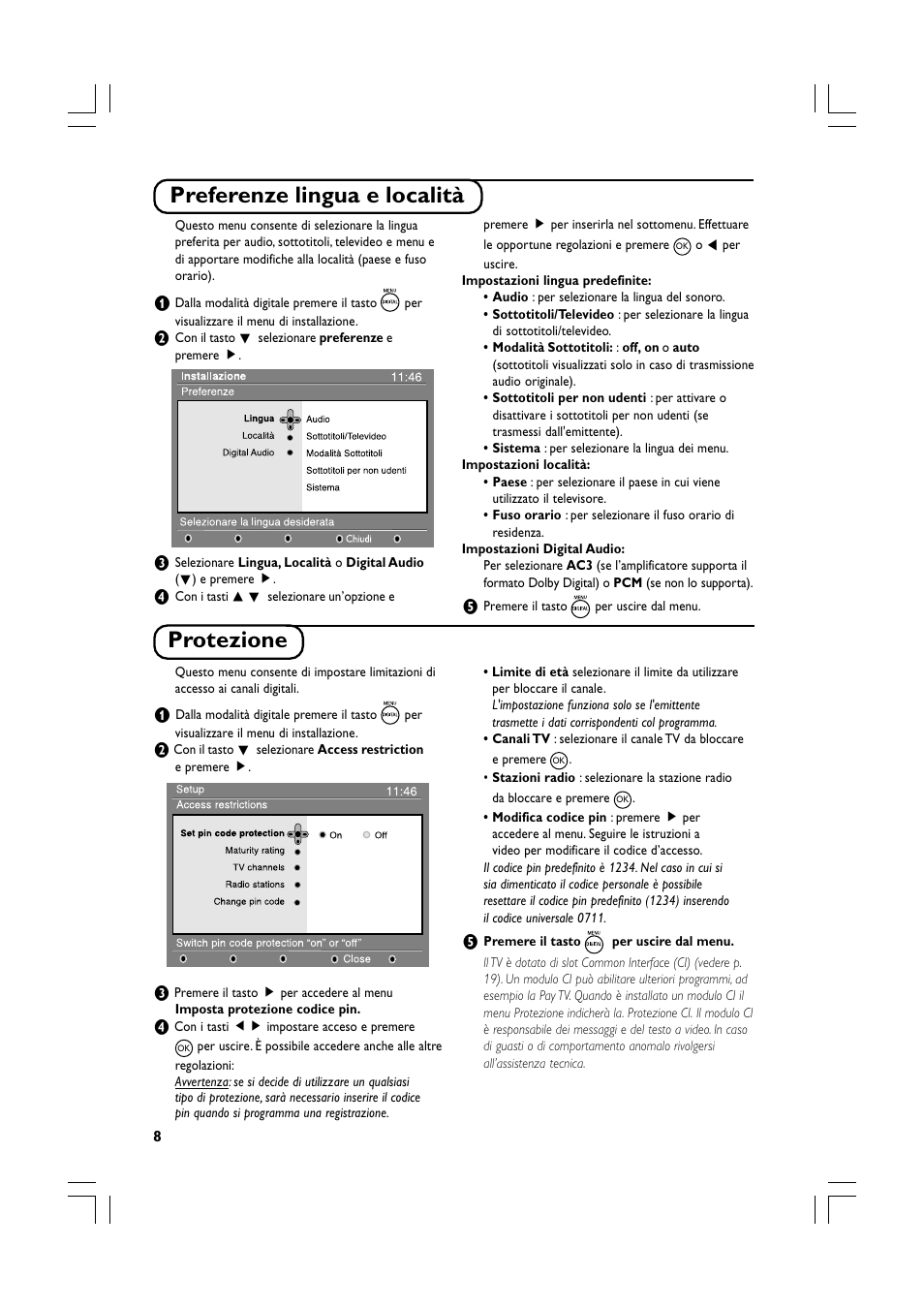 Preferenze lingua e località, Protezione | Philips Téléviseur écran plat numérique à écran large User Manual | Page 70 / 144