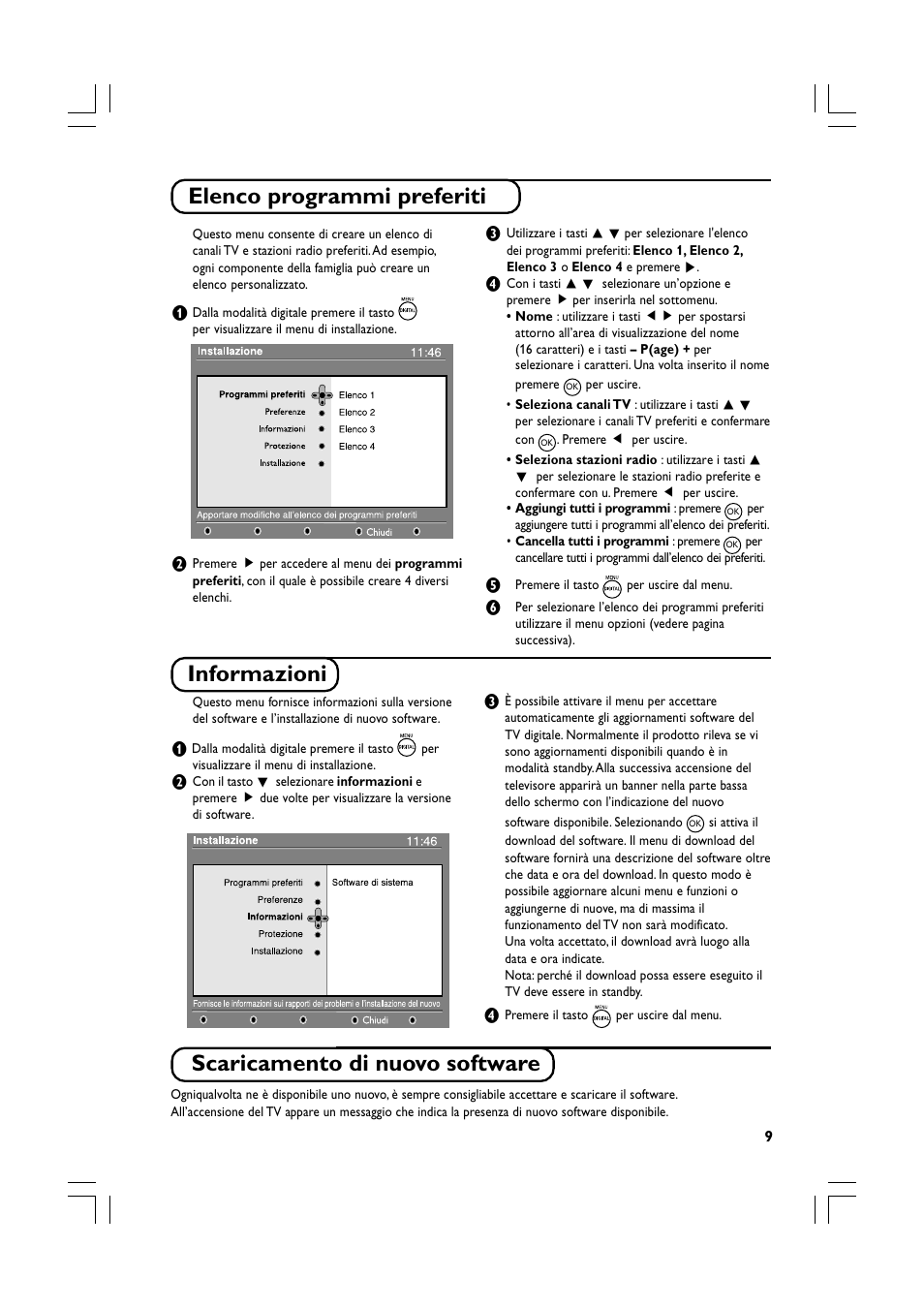 Elenco programmi preferiti, Informazioni, Scaricamento di nuovo software | Philips Téléviseur écran plat numérique à écran large User Manual | Page 71 / 144