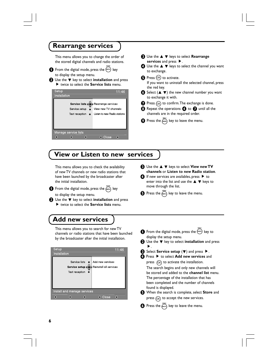 View or listen to new services rearrange services, Add new services | Philips Téléviseur écran plat numérique à écran large User Manual | Page 8 / 144