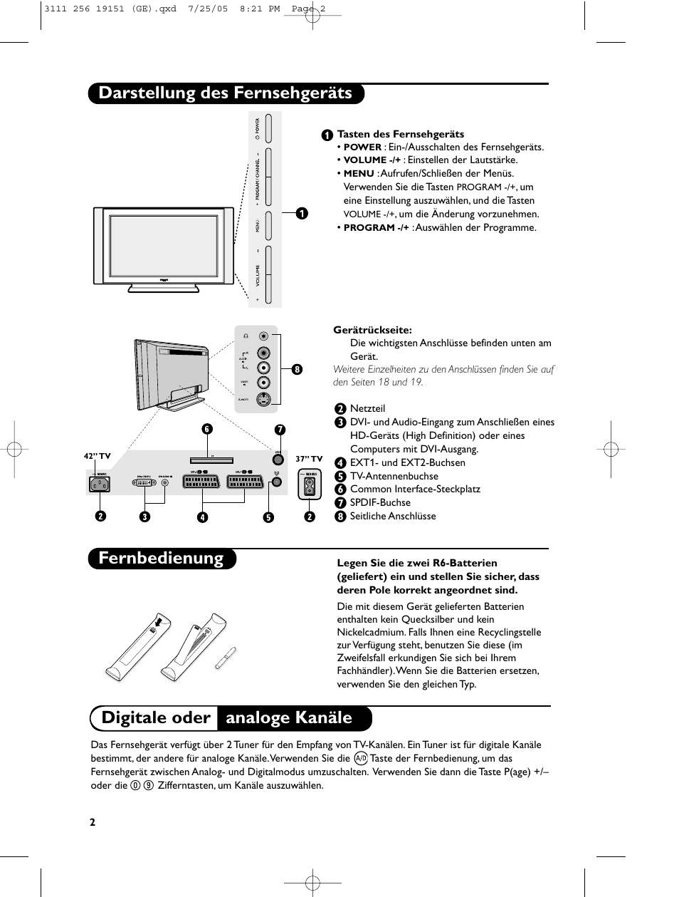 Darstellung des fernsehgeräts fernbedienung, Digitale oder analoge kanäle | Philips Téléviseur écran plat numérique à écran large User Manual | Page 84 / 144