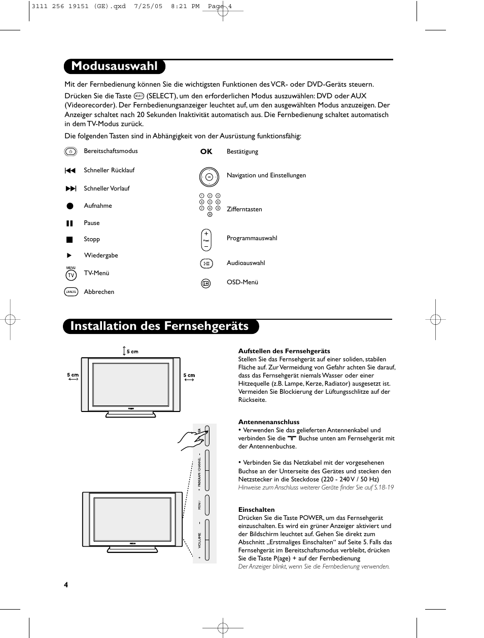 Modusauswahl, Installation des fernsehgeräts | Philips Téléviseur écran plat numérique à écran large User Manual | Page 86 / 144