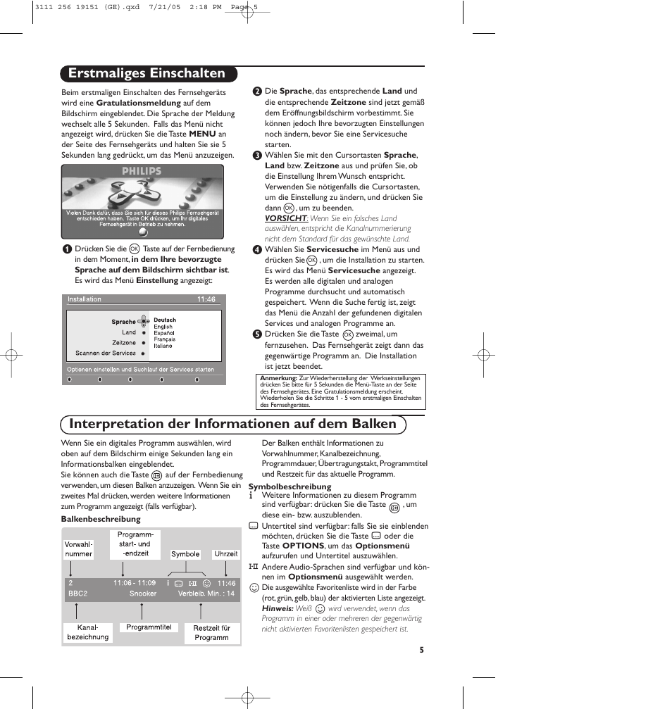 Erstmaliges einschalten, Interpretation der informationen auf dem balken | Philips Téléviseur écran plat numérique à écran large User Manual | Page 87 / 144