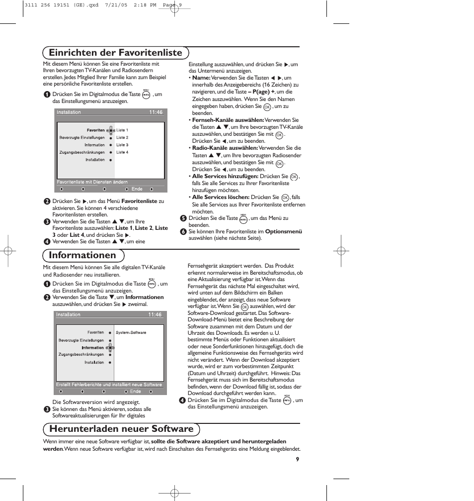 Einrichten der favoritenliste informationen, Herunterladen neuer software | Philips Téléviseur écran plat numérique à écran large User Manual | Page 91 / 144