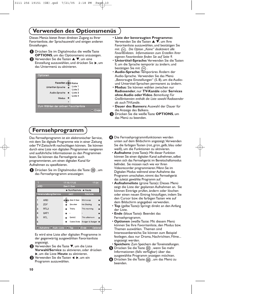 Verwenden des optionsmenüs fernsehprogramm | Philips Téléviseur écran plat numérique à écran large User Manual | Page 92 / 144