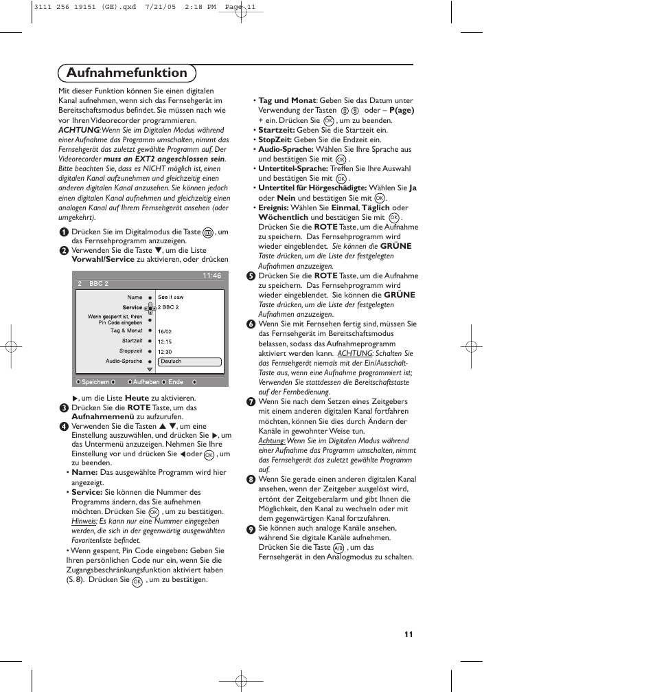 Aufnahmefunktion | Philips Téléviseur écran plat numérique à écran large User Manual | Page 93 / 144