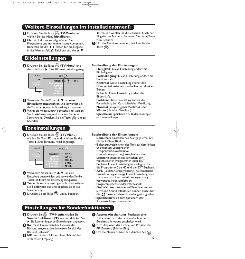 Weitere einstellungen im installationsmenü, Bildeinstellungen, Toneinstellungen | Einstellungen für sonderfunktionen | Philips Téléviseur écran plat numérique à écran large User Manual | Page 95 / 144