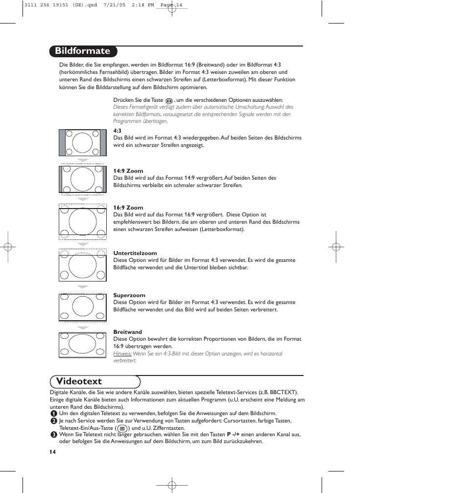 Bildformate, Videotext | Philips Téléviseur écran plat numérique à écran large User Manual | Page 96 / 144