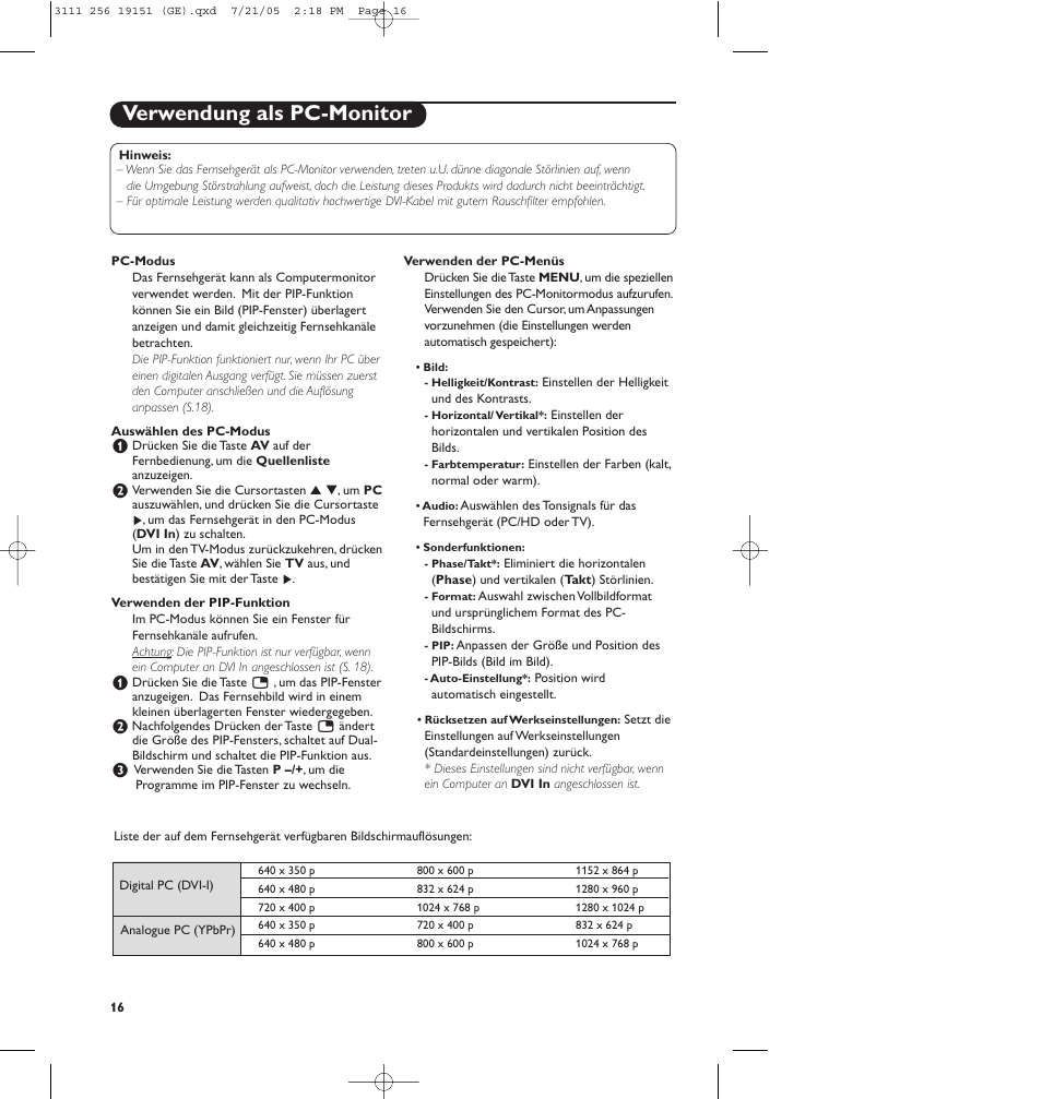 Verwendung als pc-monitor | Philips Téléviseur écran plat numérique à écran large User Manual | Page 98 / 144