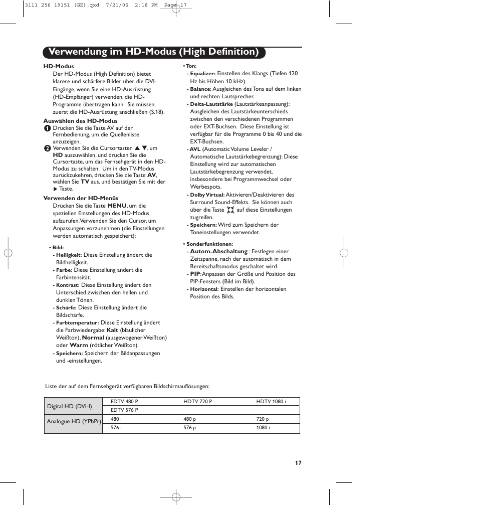 Verwendung im hd-modus (high definition) | Philips Téléviseur écran plat numérique à écran large User Manual | Page 99 / 144
