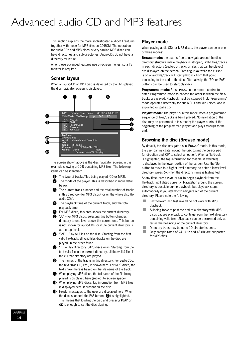 Advanced audio cd and mp3 features, Screen layout, Player mode | Browsing the disc (browse mode) | Arcam DV88 User Manual | Page 14 / 20