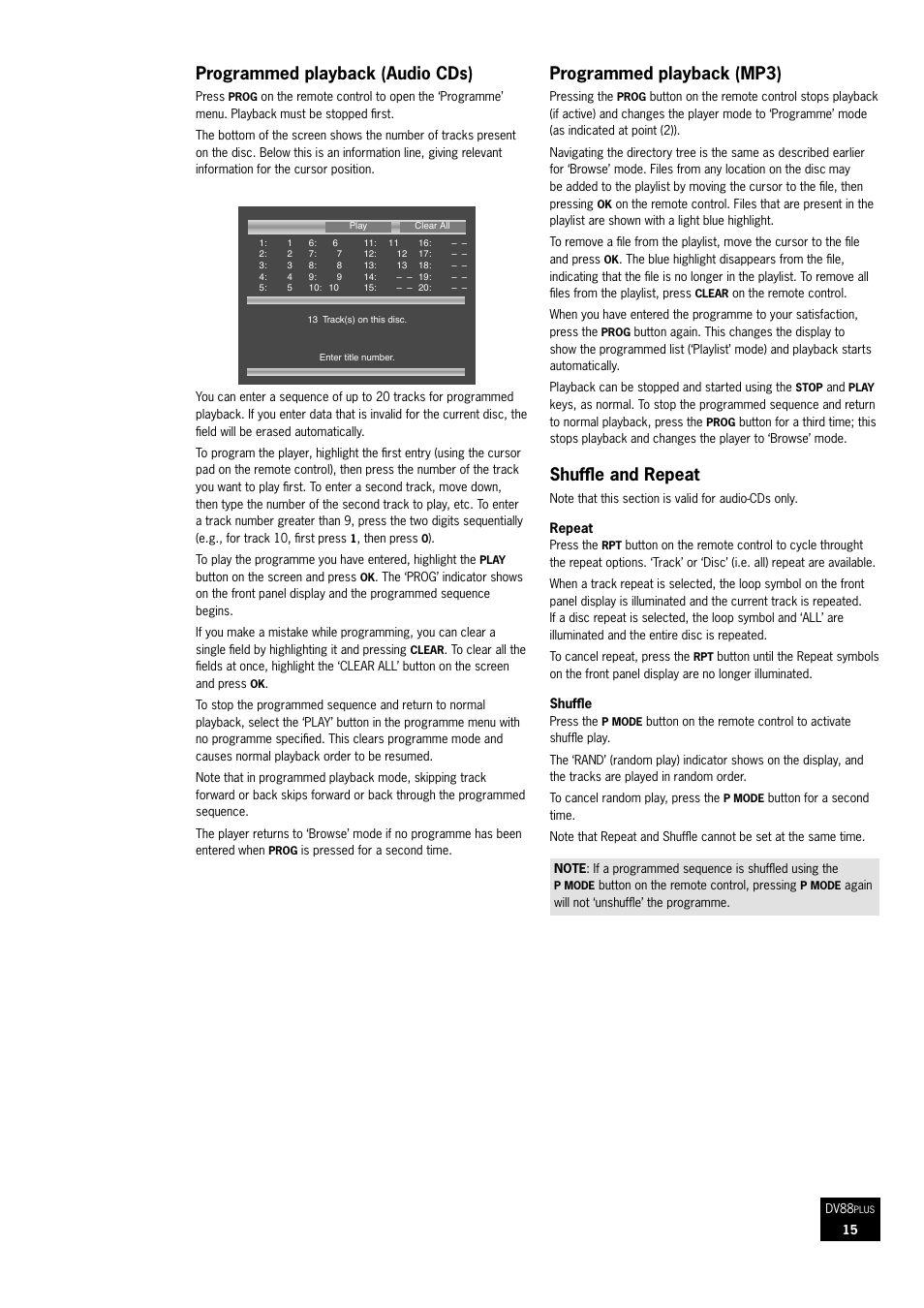 Programmed playback (audio cds), Programmed playback (mp3), Shuffle and repeat | Arcam DV88 User Manual | Page 15 / 20