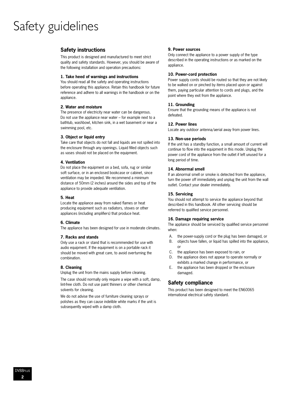 Safety guidelines, Safety instructions, Safety compliance | Arcam DV88 User Manual | Page 2 / 20