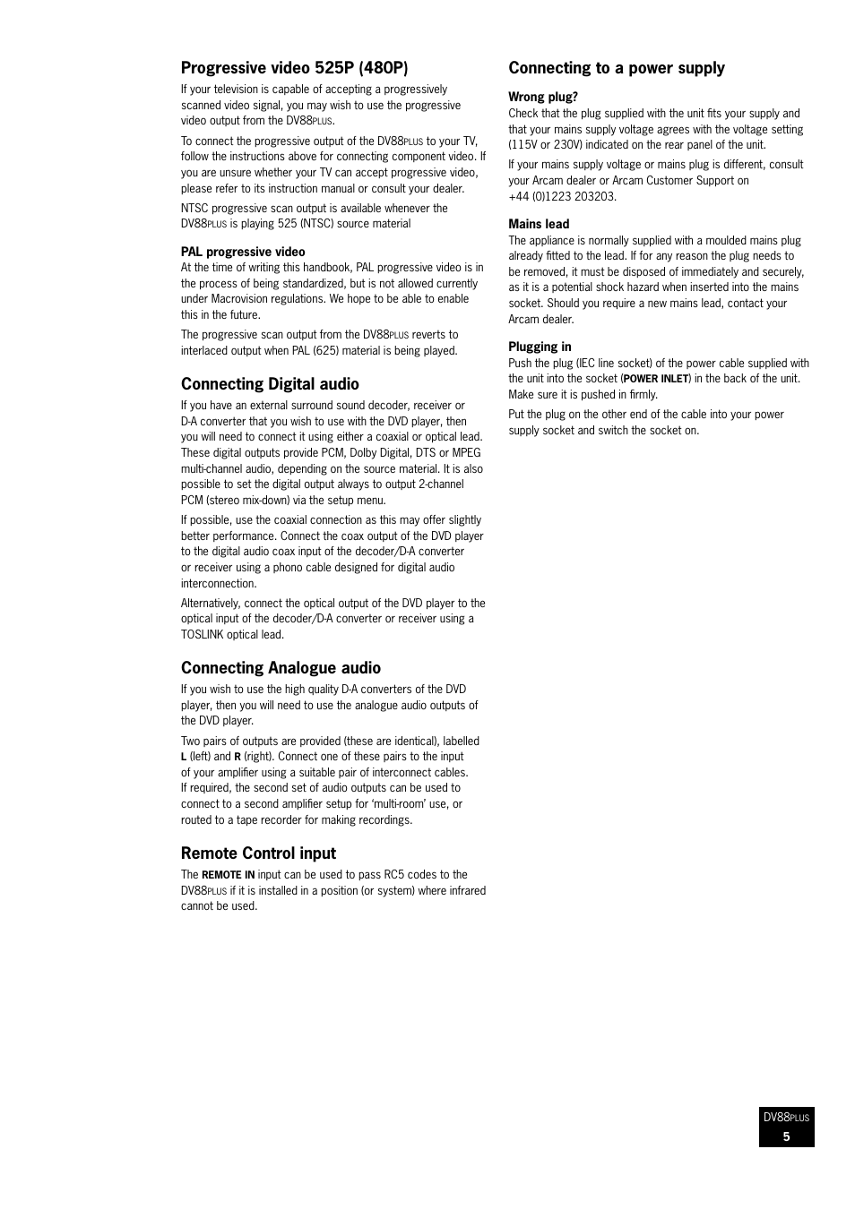 Connecting to a power supply, Connecting digital audio, Connecting analogue audio | Remote control input | Arcam DV88 User Manual | Page 5 / 20