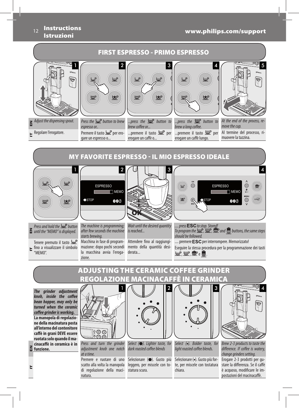 First espresso - primo espresso, My favorite espresso - il mio espresso ideale | Philips Saeco Exprelia Evo Machine espresso Super Automatique User Manual | Page 12 / 60