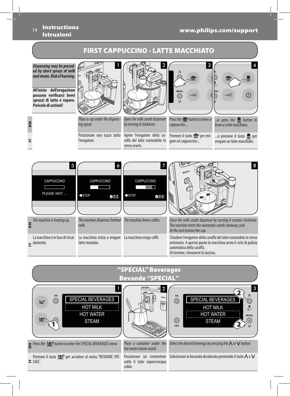 First cappuccino - latte macchiato, Special” beverages, Bevande “special | Philips Saeco Exprelia Evo Machine espresso Super Automatique User Manual | Page 14 / 60