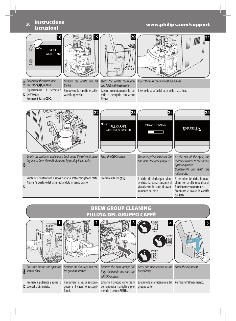Brew group cleaning pulizia del gruppo caffè | Philips Saeco Exprelia Evo Machine espresso Super Automatique User Manual | Page 20 / 60