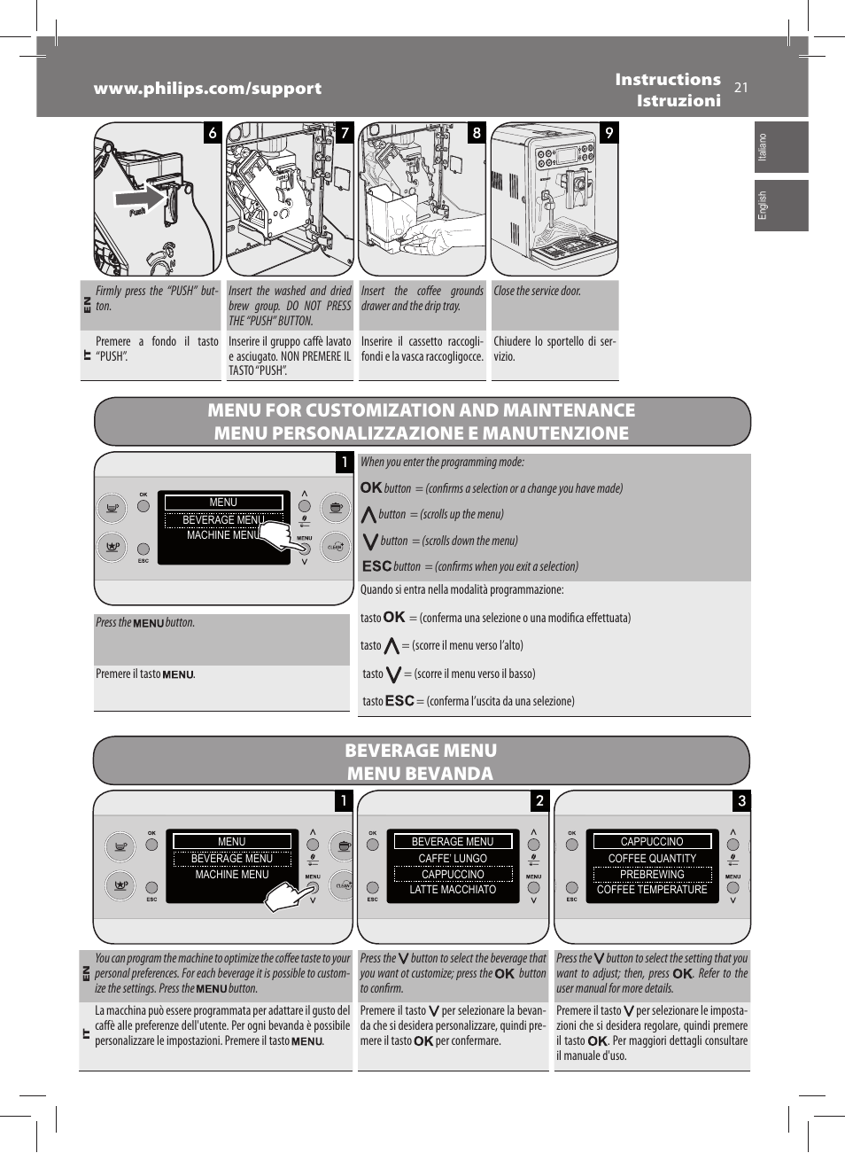 Beverage menu menu bevanda | Philips Saeco Exprelia Evo Machine espresso Super Automatique User Manual | Page 21 / 60