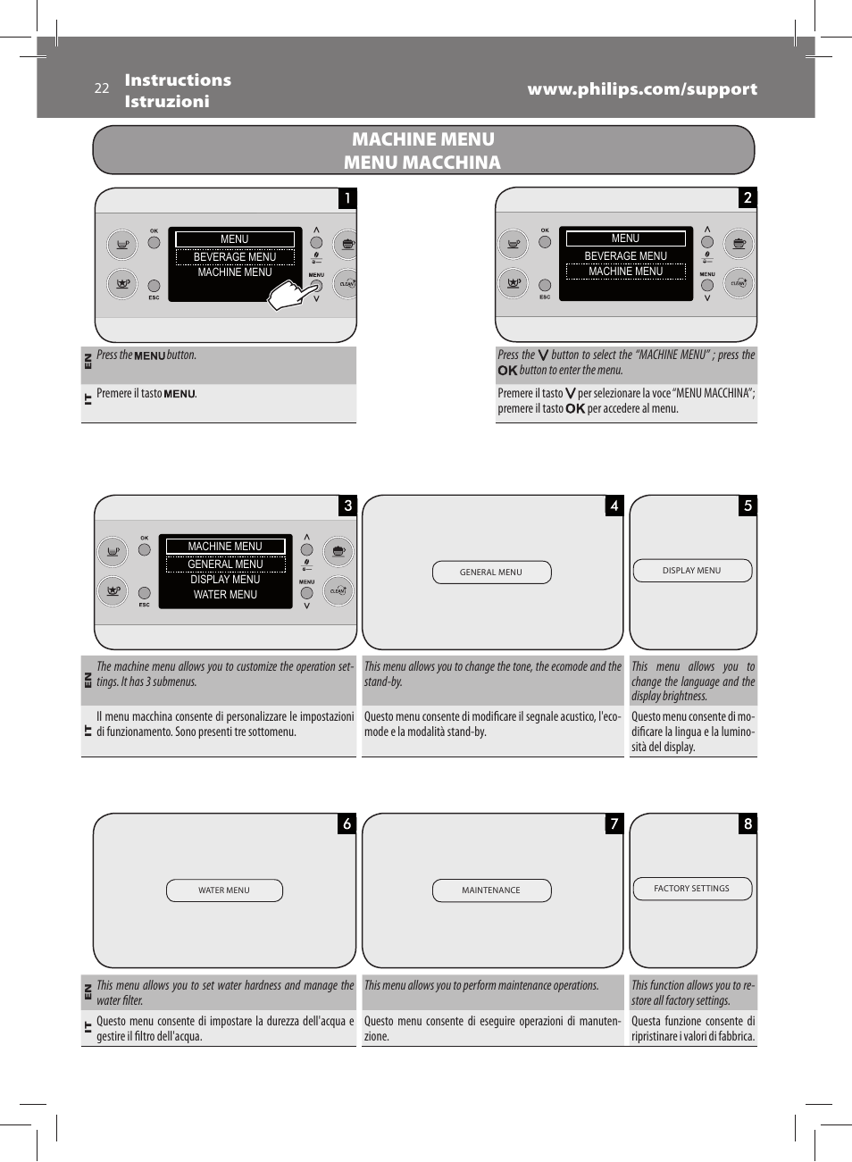 Machine menu menu macchina | Philips Saeco Exprelia Evo Machine espresso Super Automatique User Manual | Page 22 / 60