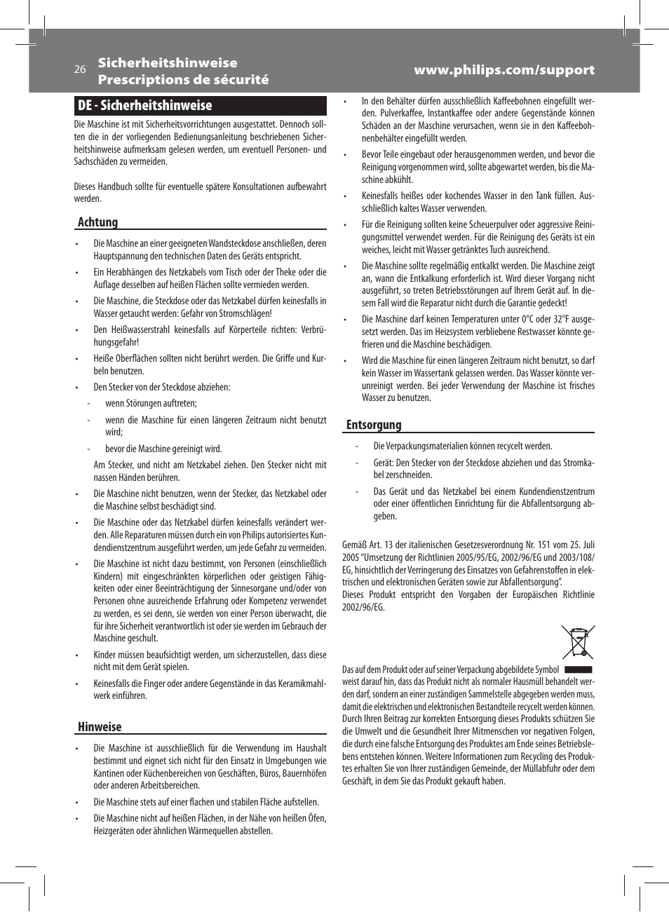 De - sicherheitshinweise, Achtung, Hinweise | Entsorgung | Philips Saeco Exprelia Evo Machine espresso Super Automatique User Manual | Page 26 / 60