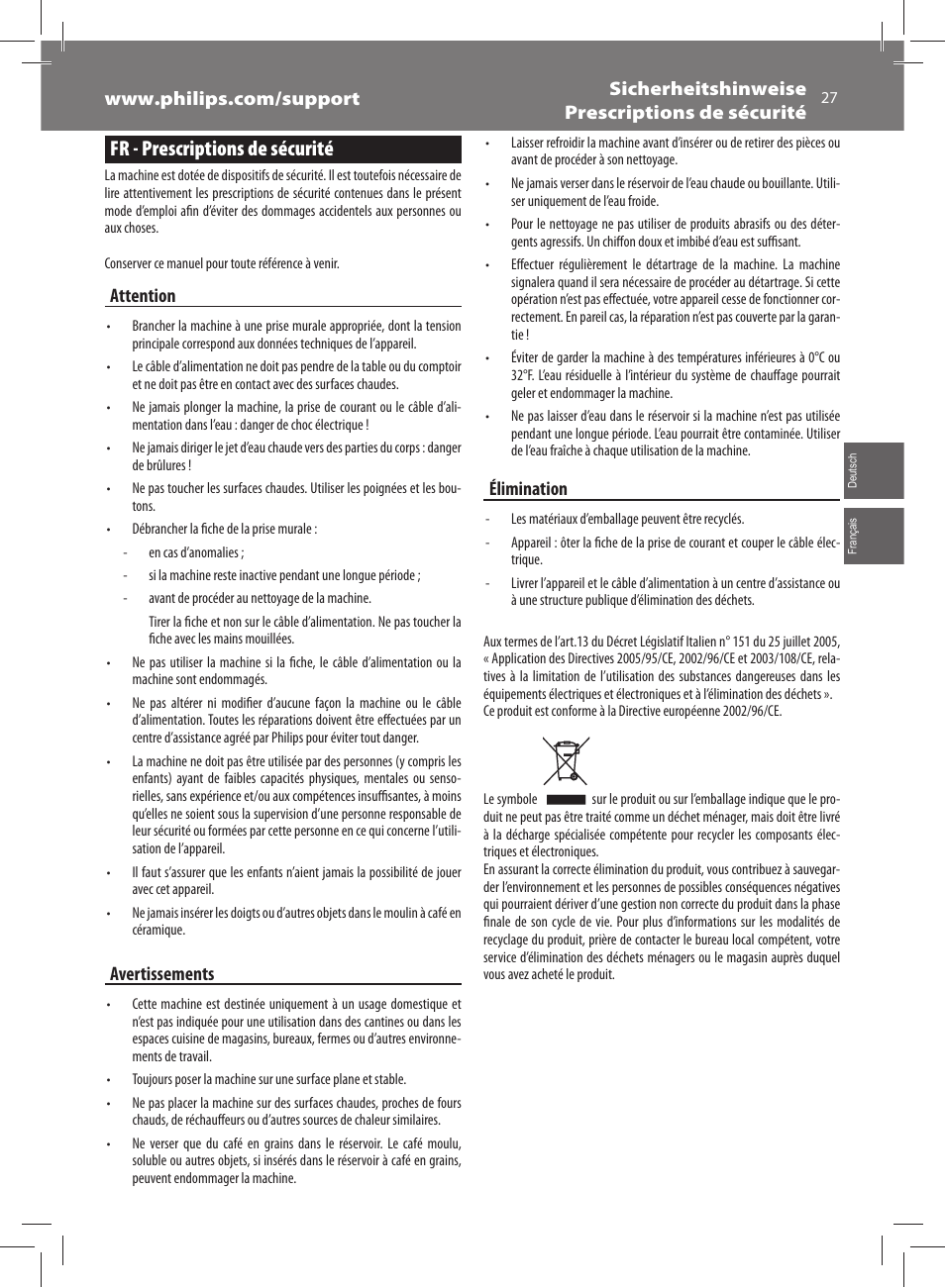 Fr - prescriptions de sécurité, Attention, Avertissements | Élimination | Philips Saeco Exprelia Evo Machine espresso Super Automatique User Manual | Page 27 / 60