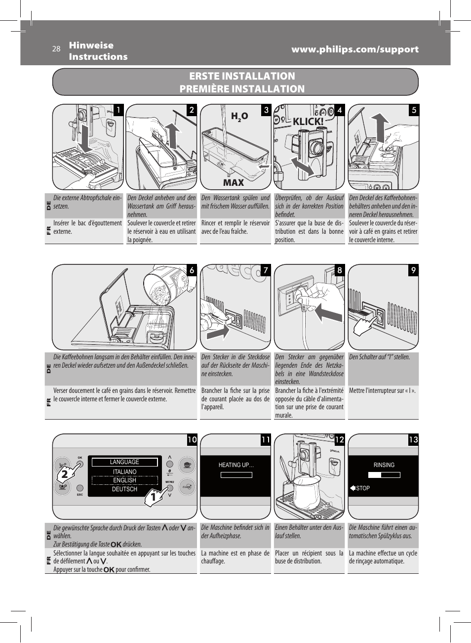 Erste installation, Première installation klick, Omax | Philips Saeco Exprelia Evo Machine espresso Super Automatique User Manual | Page 28 / 60