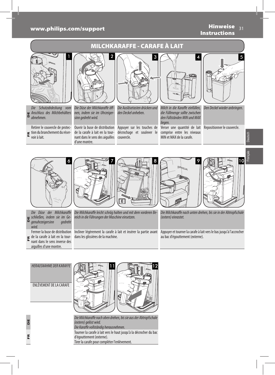 Milchkaraffe - carafe à lait | Philips Saeco Exprelia Evo Machine espresso Super Automatique User Manual | Page 31 / 60