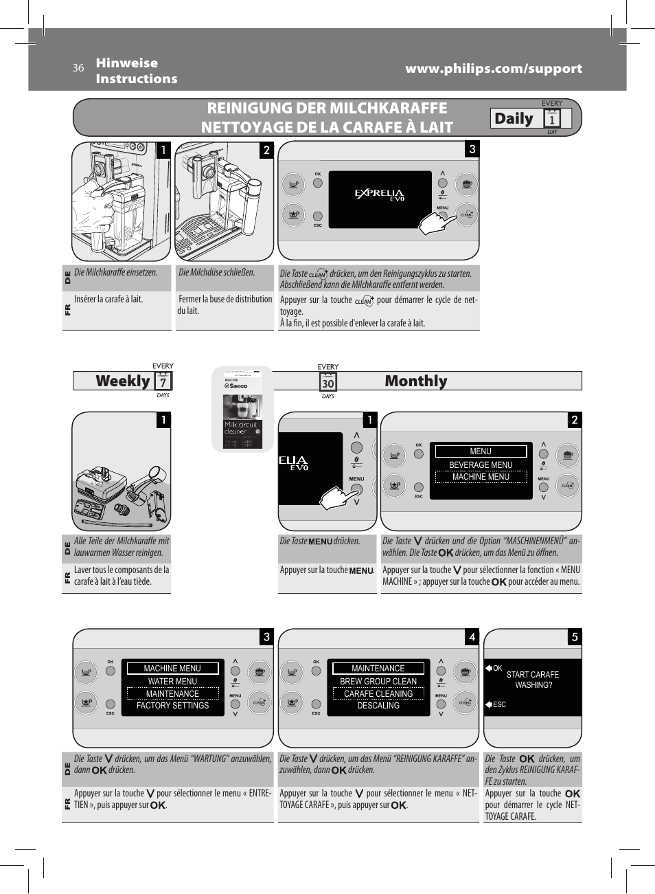 Monthly weekly daily | Philips Saeco Exprelia Evo Machine espresso Super Automatique User Manual | Page 36 / 60